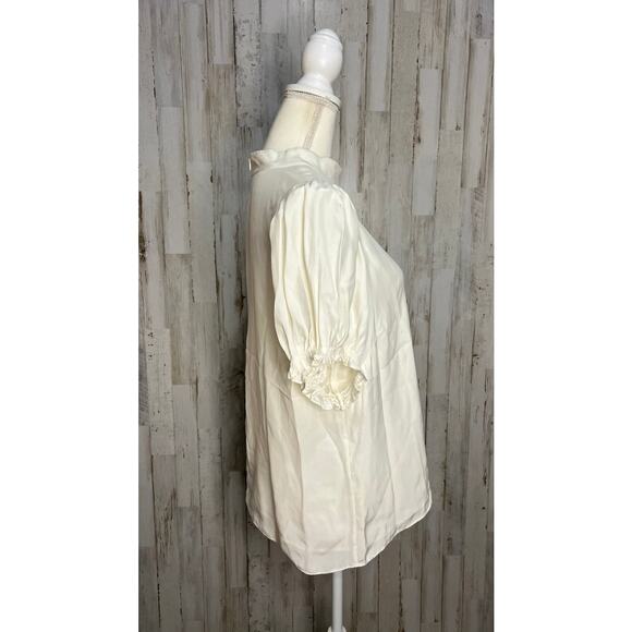 Frame Women's XL Ivory Keyhole Mock Neck Party Blouse Long Ruffle Sleeve - Picture 3 of 6